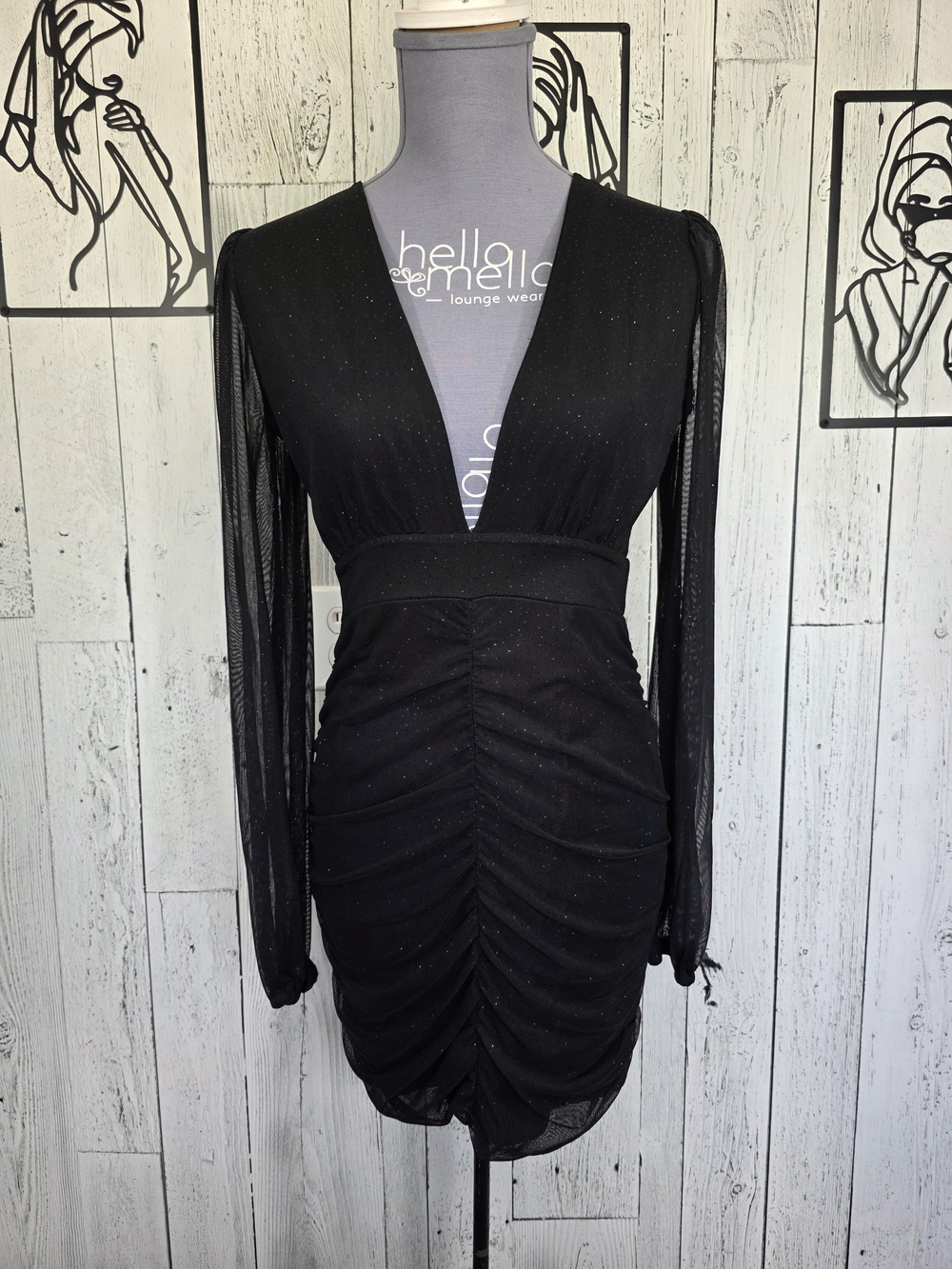 Urban Heritage Night Out Black Glitter Ruched Mini Dress Size M Holiday Event